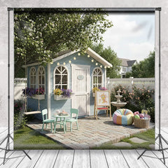 Aperturee - Aperturee Charming Blue Playhouse Garden Photography Backdrop Whimsical Outdoor Kids Play Area with Swing and Flowers