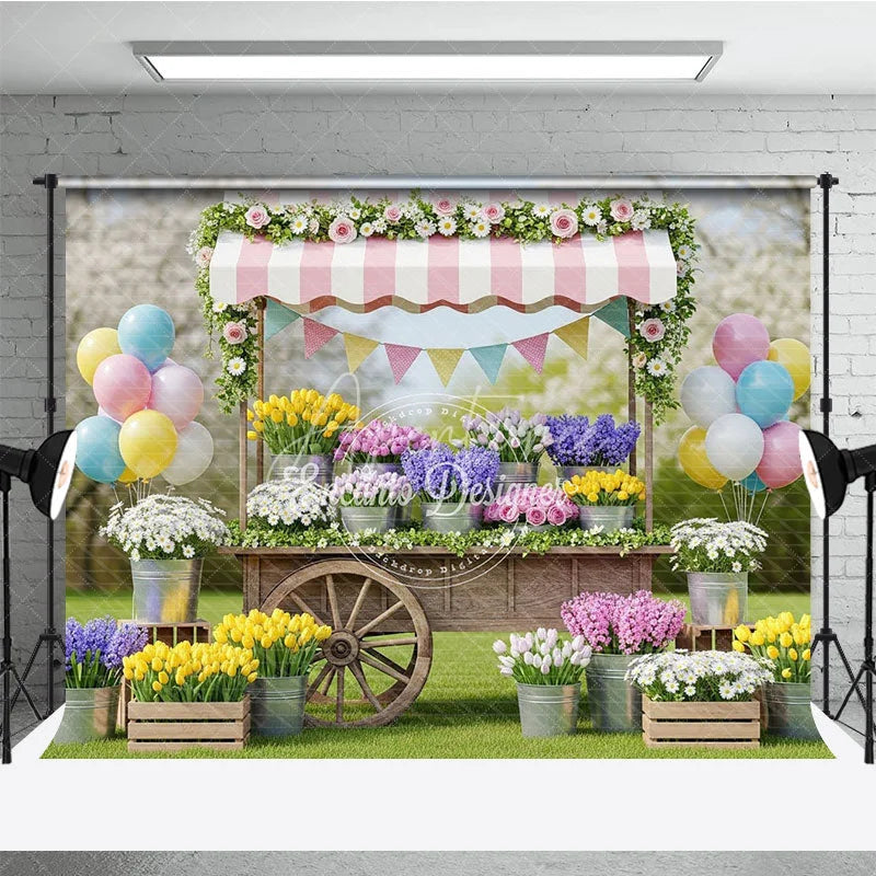 Aperturee - Aperturee Charming Flower Cart Photography Backdrop with Pink Striped Awning Tulips and Pastel Balloons for Spring Garden Party