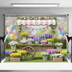 Aperturee - Aperturee Charming Flower Cart Photography Backdrop with Pink Striped Awning Tulips and Pastel Balloons for Spring Garden Party