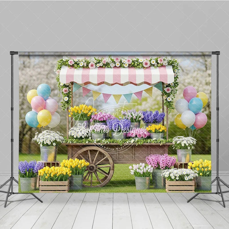 Aperturee - Aperturee Charming Flower Cart Photography Backdrop with Pink Striped Awning Tulips and Pastel Balloons for Spring Garden Party