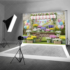 Aperturee - Aperturee Charming Flower Cart Photography Backdrop with Pink Striped Awning Tulips and Pastel Balloons for Spring Garden Party