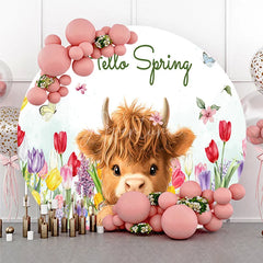 Aperturee - Aperturee Charming Hello Spring Fluffy Highland Cow Round Backdrop Colorful Tulips and Easter Eggs with Baby Chick