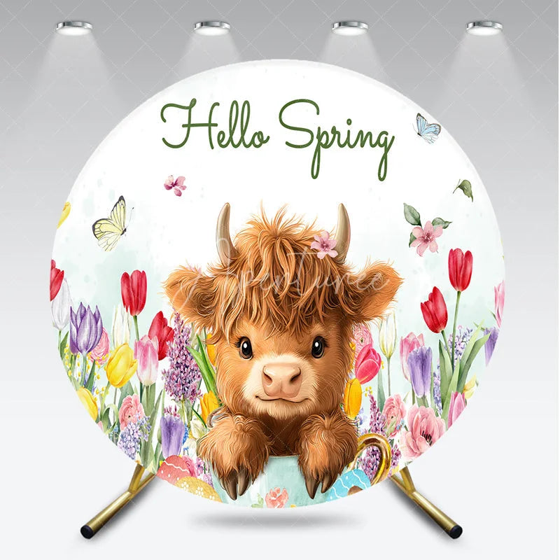 Aperturee - Aperturee Charming Hello Spring Fluffy Highland Cow Round Backdrop Colorful Tulips and Easter Eggs with Baby Chick