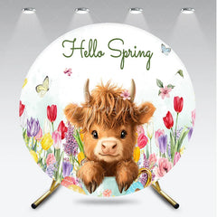 Aperturee - Aperturee Charming Hello Spring Fluffy Highland Cow Round Backdrop Colorful Tulips and Easter Eggs with Baby Chick