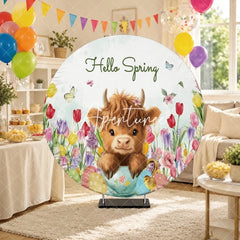 Aperturee - Aperturee Charming Hello Spring Fluffy Highland Cow Round Backdrop Colorful Tulips and Easter Eggs with Baby Chick