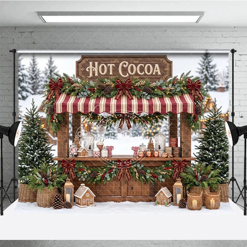 Aperturee - Aperturee Charming Hot Cocoa Stand Holiday Backdrop with Snowy Winter Scene Gingerbread Houses and Christmas Decor