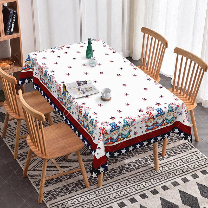 Aperturee - Aperturee Charming Patriotic Gnome and Fireworks Rectangle Tablecloth Red White and Blue 4th of July Decor