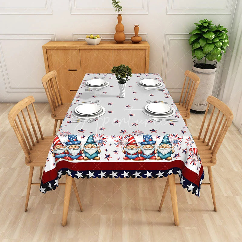 Aperturee - Aperturee Charming Patriotic Gnome and Fireworks Rectangle Tablecloth Red White and Blue 4th of July Decor