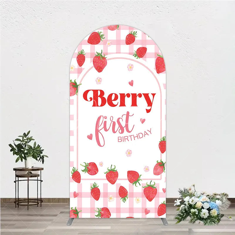 Aperturee - Aperturee Charming Pink Gingham Strawberry Berry First Birthday Round Top Arch Backdrop Sweet Party Decor
