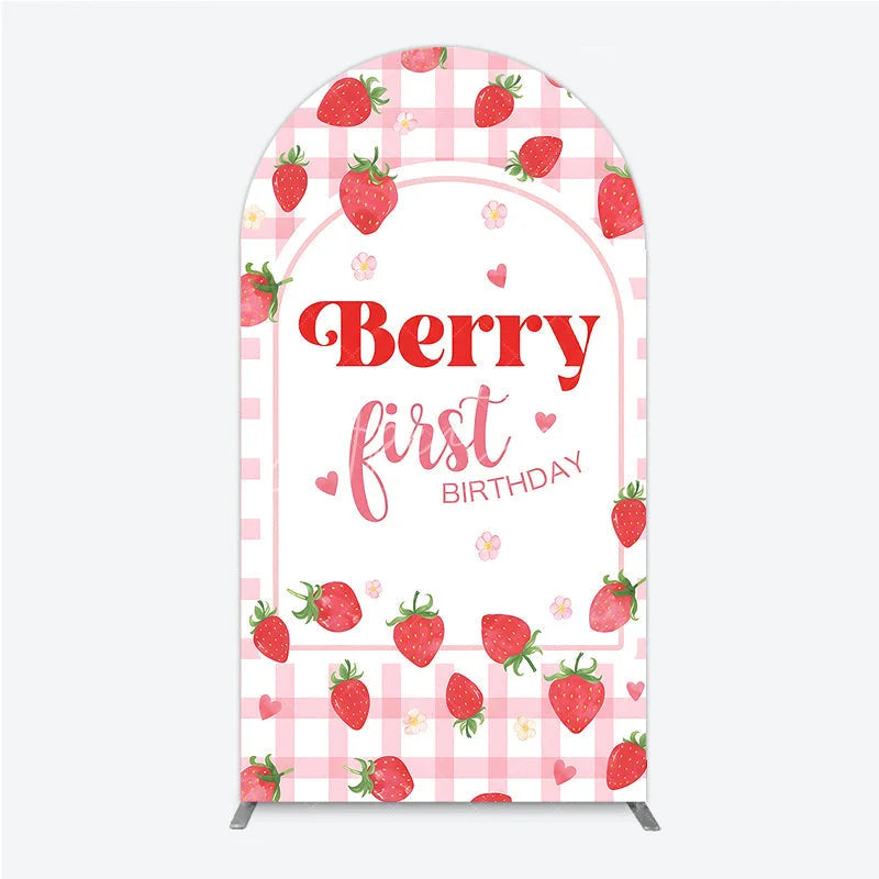 Aperturee - Aperturee Charming Pink Gingham Strawberry Berry First Birthday Round Top Arch Backdrop Sweet Party Decor