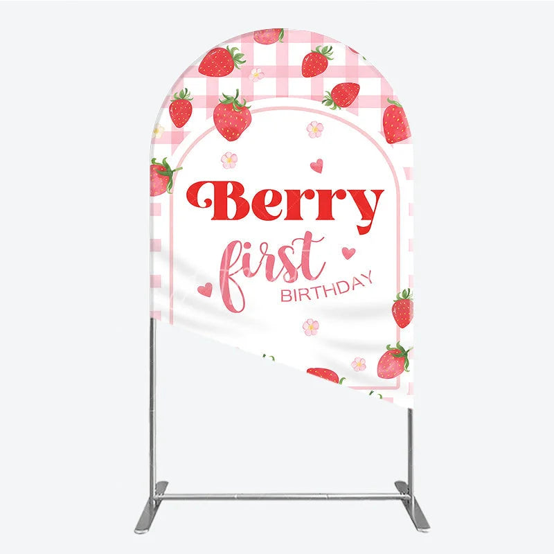 Aperturee - Aperturee Charming Pink Gingham Strawberry Berry First Birthday Round Top Arch Backdrop Sweet Party Decor