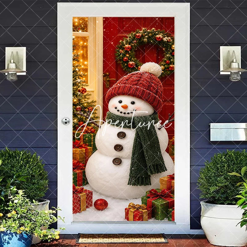 Aperturee - Aperturee Charming Snowman with Red Knitted Hat and Green Scarf Christmas Door Cover Winter Holiday Party Decoration