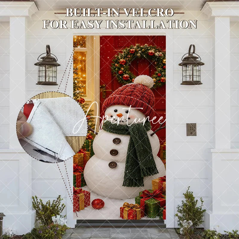 Aperturee - Aperturee Charming Snowman with Red Knitted Hat and Green Scarf Christmas Door Cover Winter Holiday Party Decoration