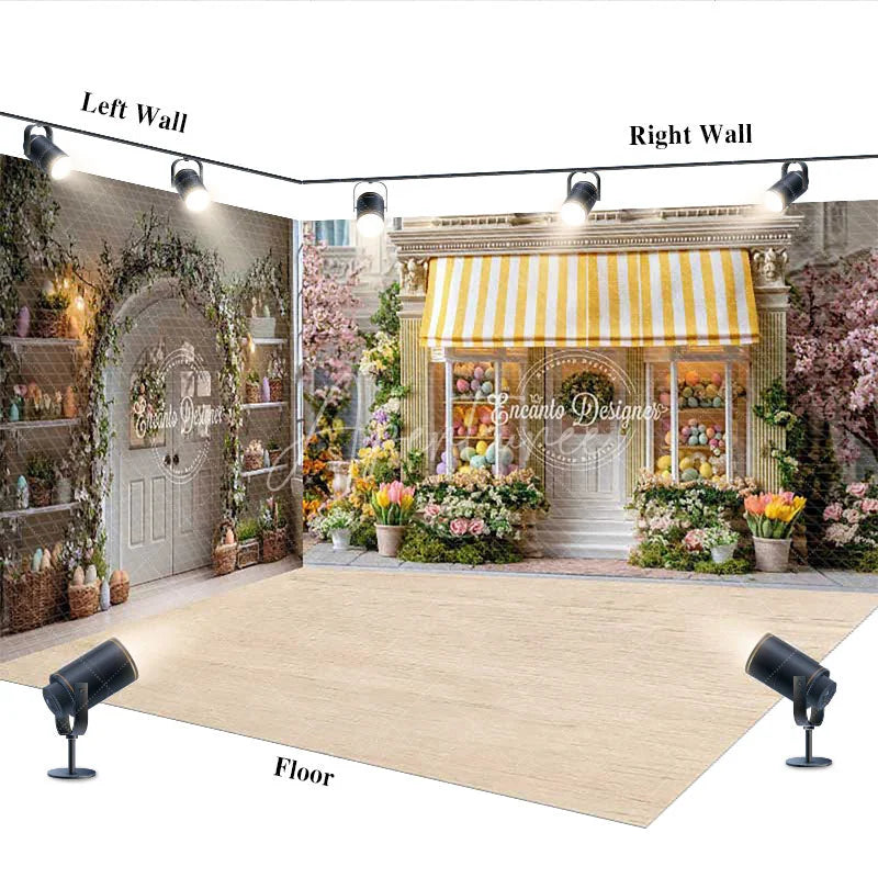 Aperturee - Aperturee Charming Spring Easter Room Set Backdrop with Yellow Striped Awning Colorful Flowers and Eggs for Photography