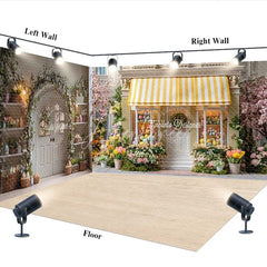 Aperturee - Aperturee Charming Spring Easter Room Set Backdrop with Yellow Striped Awning Colorful Flowers and Eggs for Photography