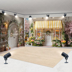 Aperturee - Aperturee Charming Spring Easter Room Set Backdrop with Yellow Striped Awning Colorful Flowers and Eggs for Photography