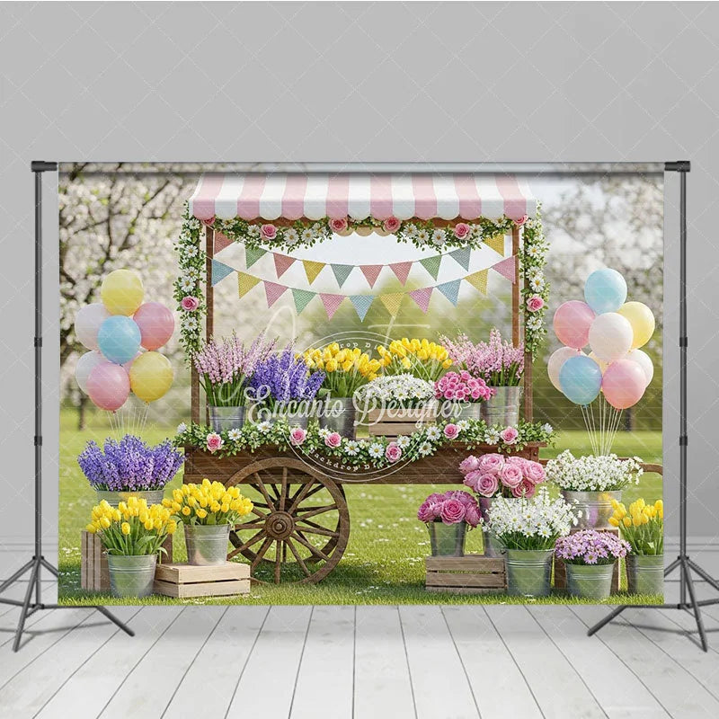 Aperturee - Aperturee Charming Spring Garden Flower Cart Photography Backdrop Pastel Balloons and Floral Market Decor