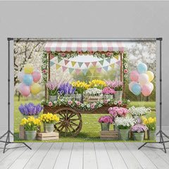 Aperturee - Aperturee Charming Spring Garden Flower Cart Photography Backdrop Pastel Balloons and Floral Market Decor