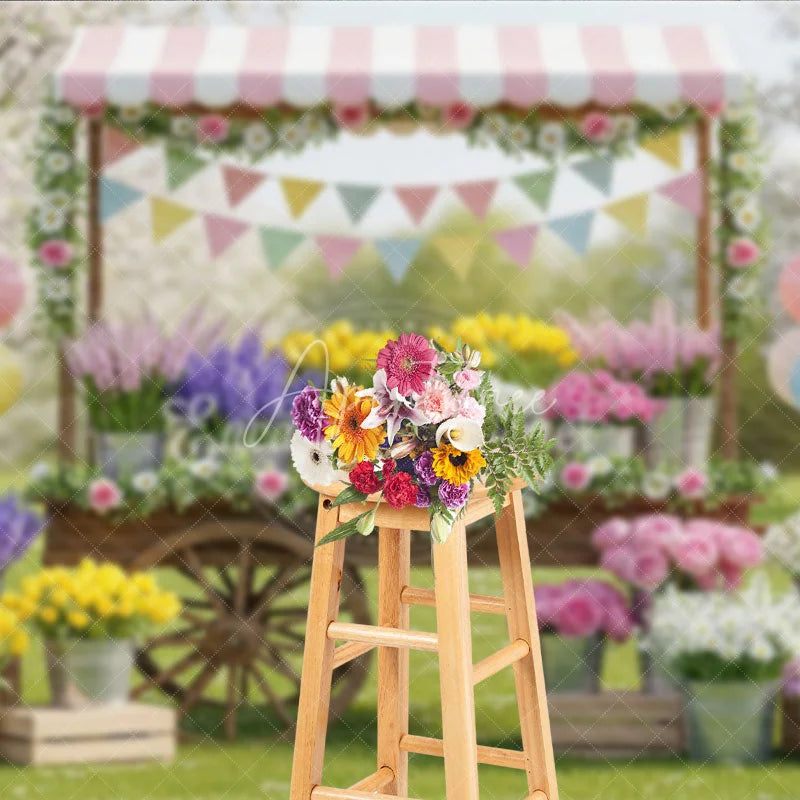 Aperturee - Aperturee Charming Spring Garden Flower Cart Photography Backdrop Pastel Balloons and Floral Market Decor