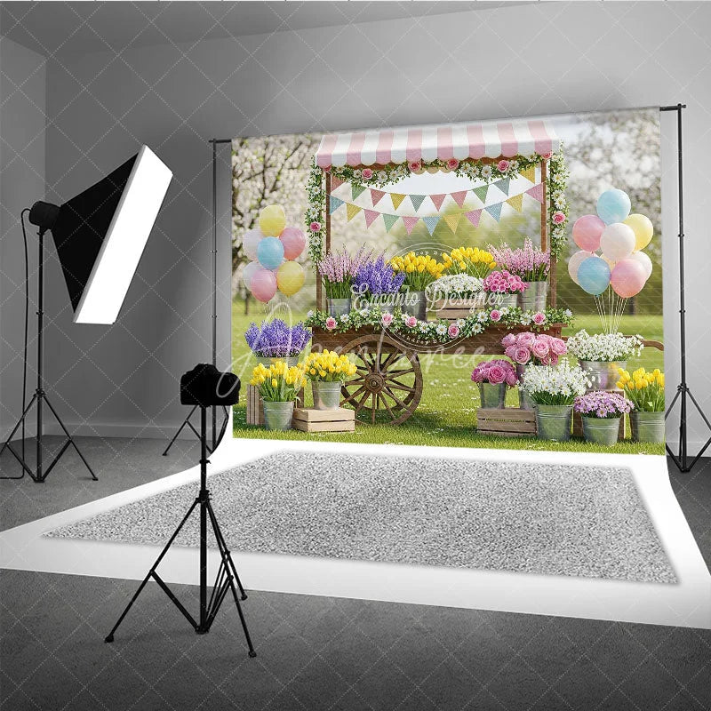 Aperturee - Aperturee Charming Spring Garden Flower Cart Photography Backdrop Pastel Balloons and Floral Market Decor