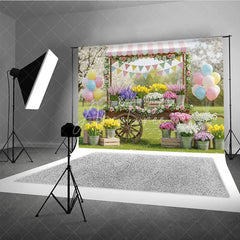 Aperturee - Aperturee Charming Spring Garden Flower Cart Photography Backdrop Pastel Balloons and Floral Market Decor