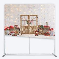 Aperturee - Aperturee Charming Strawberry Farmhouse White Brick Wall Wooden Door Square Double-Sided Backdrop Spring Summer Party Decor