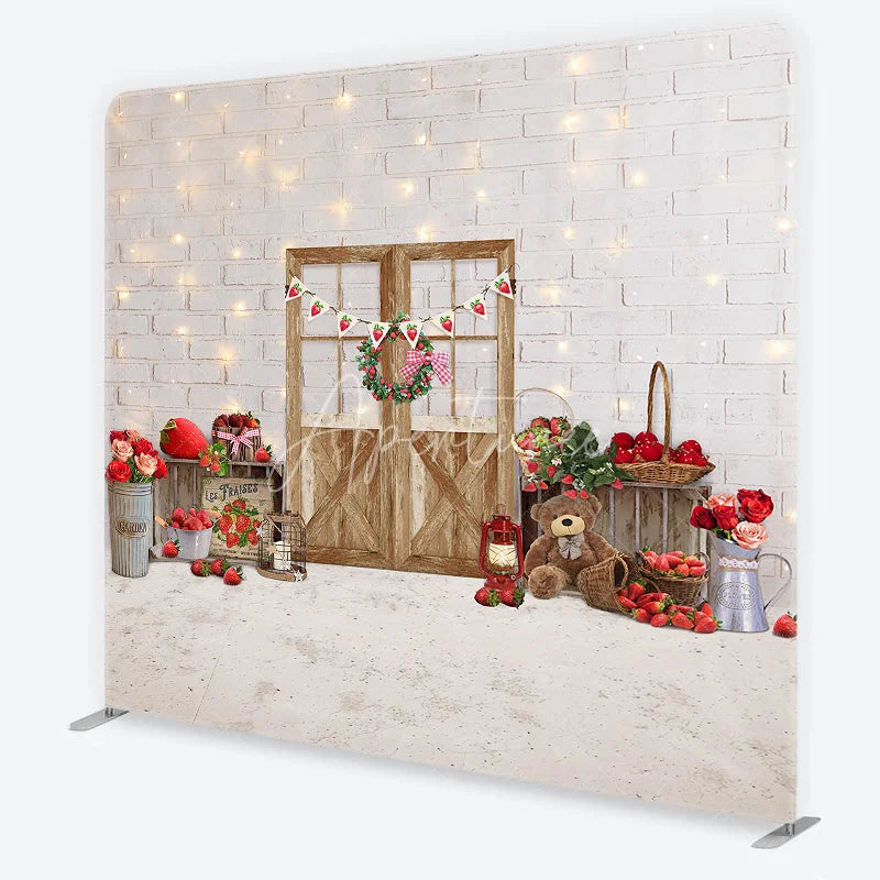 Aperturee - Aperturee Charming Strawberry Farmhouse White Brick Wall Wooden Door Square Double-Sided Backdrop Spring Summer Party Decor