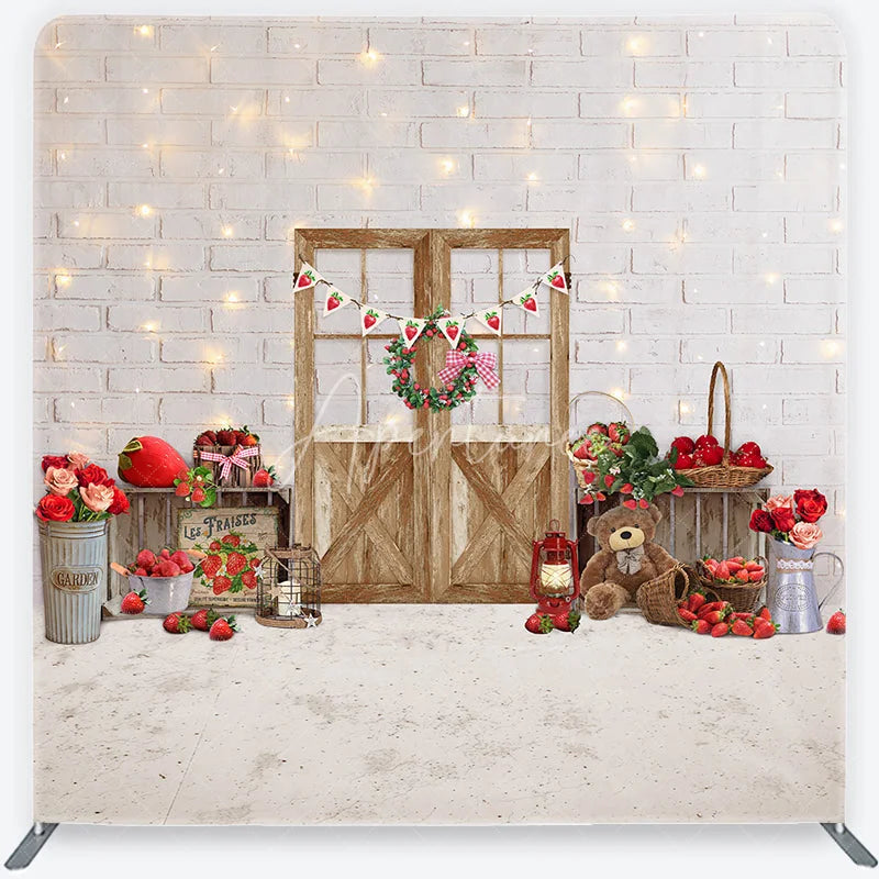 Aperturee - Aperturee Charming Strawberry Farmhouse White Brick Wall Wooden Door Square Double-Sided Backdrop Spring Summer Party Decor