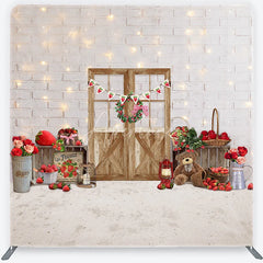 Aperturee - Aperturee Charming Strawberry Farmhouse White Brick Wall Wooden Door Square Double-Sided Backdrop Spring Summer Party Decor