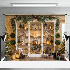 Aperturee - Aperturee Charming Winter Holiday Backdrop with Gingerbread Houses Decorated Christmas Trees Festive Decor Rustic Shelf Display