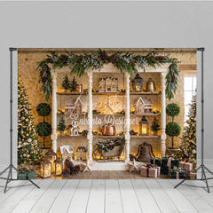 Aperturee - Aperturee Charming Winter Holiday Backdrop with Gingerbread Houses Decorated Christmas Trees Festive Decor Rustic Shelf Display