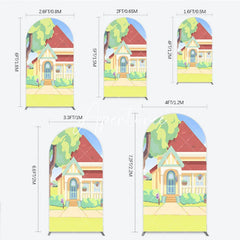 Aperturee - Aperturee Cheerful Animated Cartoon House with Red Roof and Yellow Walls Round Top Arch Backdrop Kids Birthday Party Decor