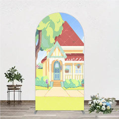 Aperturee - Aperturee Cheerful Animated Cartoon House with Red Roof and Yellow Walls Round Top Arch Backdrop Kids Birthday Party Decor