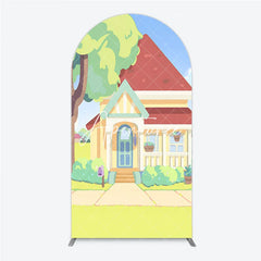 Aperturee - Aperturee Cheerful Animated Cartoon House with Red Roof and Yellow Walls Round Top Arch Backdrop Kids Birthday Party Decor