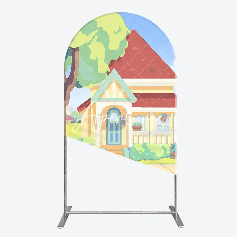 Aperturee - Aperturee Cheerful Animated Cartoon House with Red Roof and Yellow Walls Round Top Arch Backdrop Kids Birthday Party Decor