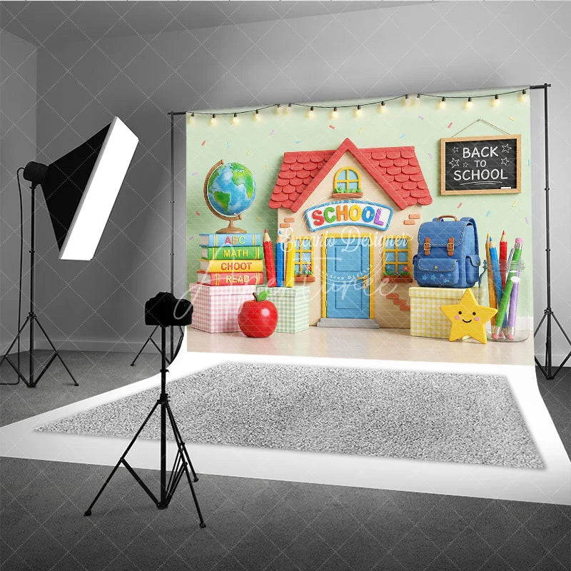 Aperturee - Aperturee Cheerful Back to School Photography Backdrop with School Building Globe and Books for Kids’ Photoshoot