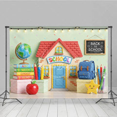 Aperturee - Aperturee Cheerful Back to School Photography Backdrop with School Building Globe and Books for Kids’ Photoshoot