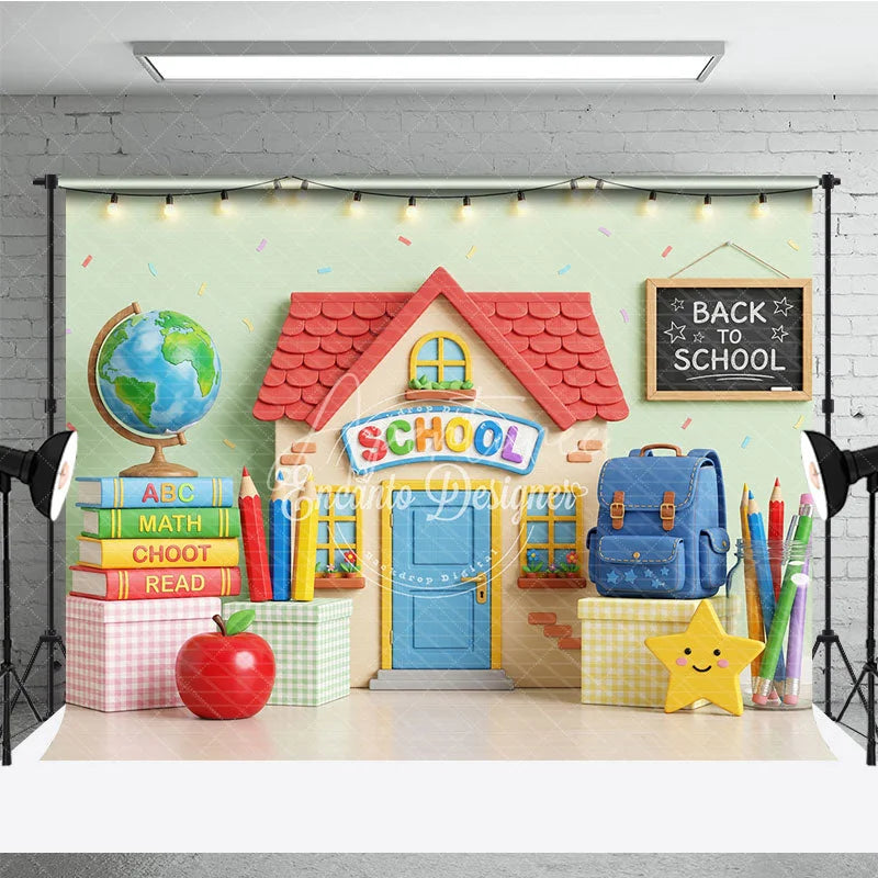 Aperturee - Aperturee Cheerful Back to School Photography Backdrop with School Building Globe and Books for Kids’ Photoshoot