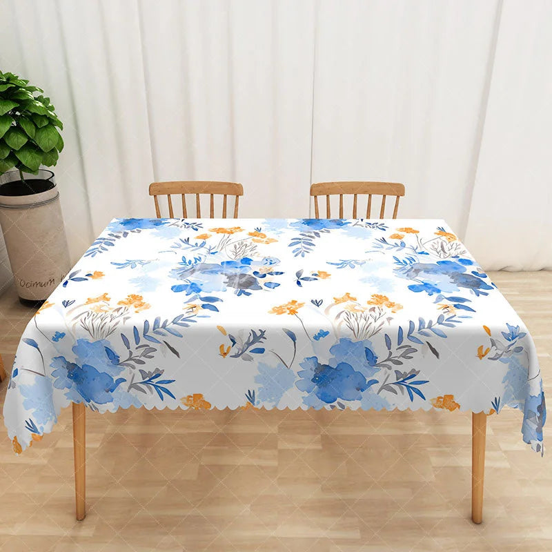Aperturee - Aperturee Cheerful Blue and Yellow Floral Tablecloth for Spring Summer or French Country Kitchen Decor