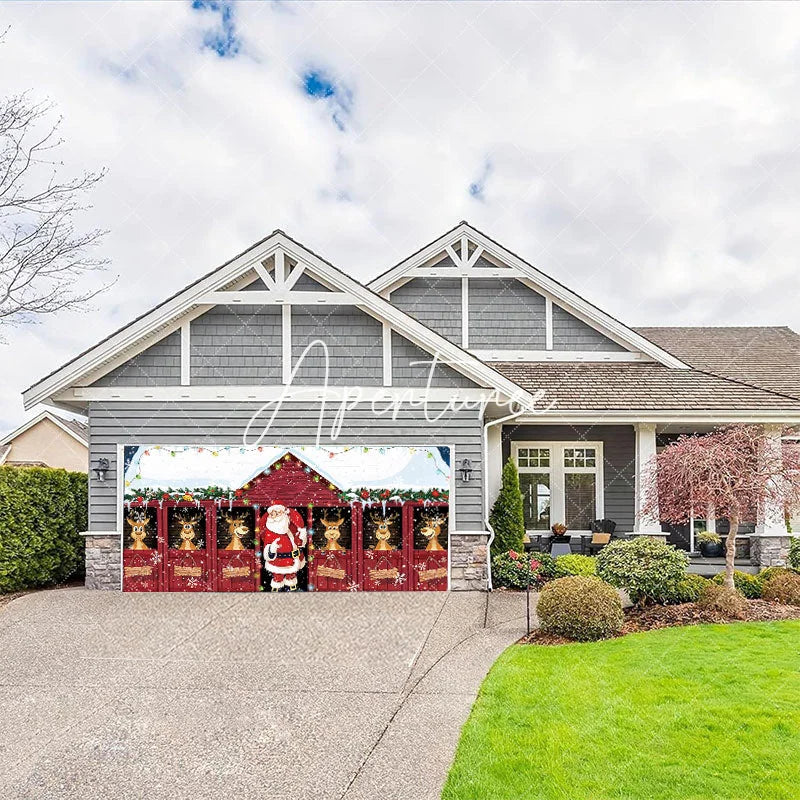 Aperturee - Aperturee Cheerful Christmas Santa and Reindeer Red Barn Garage Door Banner Snowy Holiday Outdoor Decoration with Lights