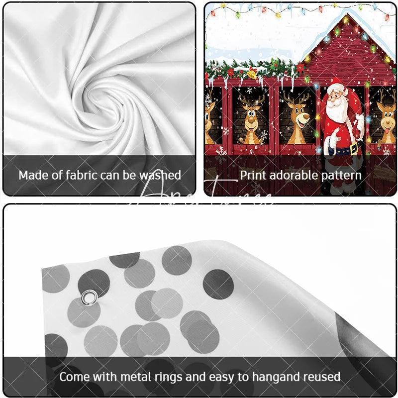 Aperturee - Aperturee Cheerful Christmas Santa and Reindeer Red Barn Garage Door Banner Snowy Holiday Outdoor Decoration with Lights
