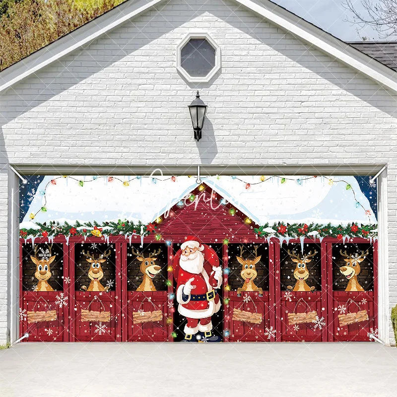 Aperturee - Aperturee Cheerful Christmas Santa and Reindeer Red Barn Garage Door Banner Snowy Holiday Outdoor Decoration with Lights