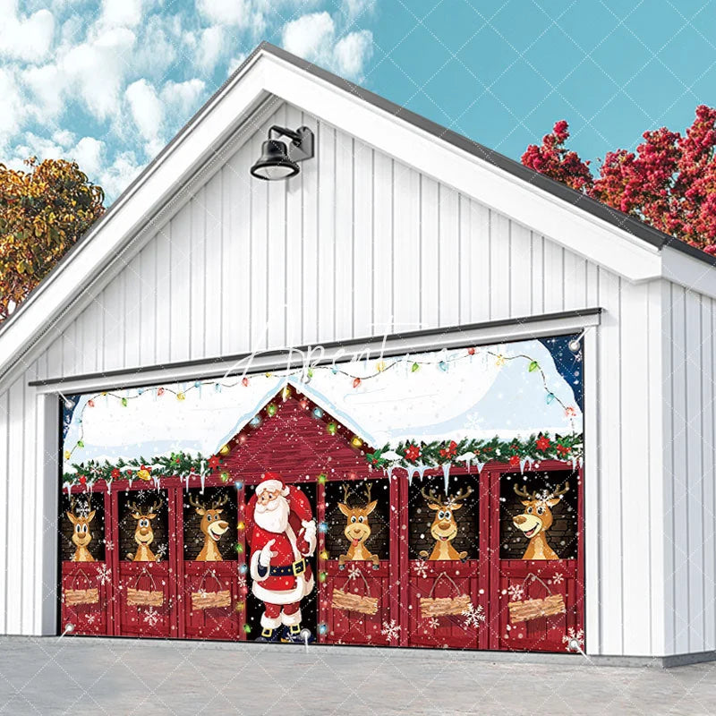 Aperturee - Aperturee Cheerful Christmas Santa and Reindeer Red Barn Garage Door Banner Snowy Holiday Outdoor Decoration with Lights