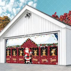 Aperturee - Aperturee Cheerful Christmas Santa and Reindeer Red Barn Garage Door Banner Snowy Holiday Outdoor Decoration with Lights