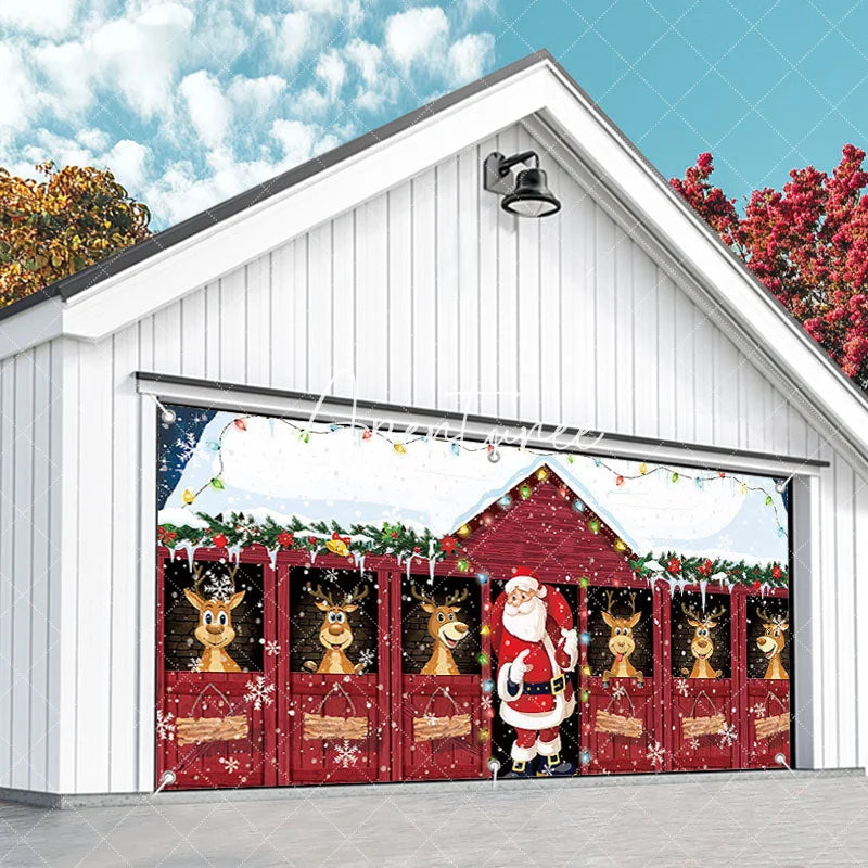 Aperturee - Aperturee Cheerful Christmas Santa and Reindeer Red Barn Garage Door Banner Snowy Holiday Outdoor Decoration with Lights