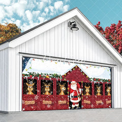 Aperturee - Aperturee Cheerful Christmas Santa and Reindeer Red Barn Garage Door Banner Snowy Holiday Outdoor Decoration with Lights
