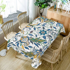Aperturee - Aperturee Cheerful Floral Rectangle Tablecloth in White Blue and Yellow for Spring and French Country Decor