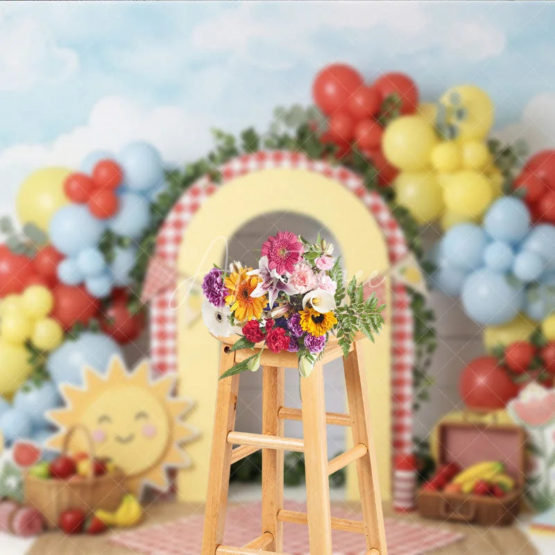 Aperturee - Aperturee Cheerful Picnic Photography Backdrop with Red Yellow Blue Balloons Gingham Arch and Summer Fruits for Birthday Party