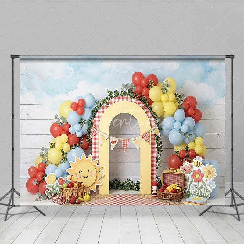 Aperturee - Aperturee Cheerful Picnic Photography Backdrop with Red Yellow Blue Balloons Gingham Arch and Summer Fruits for Birthday Party