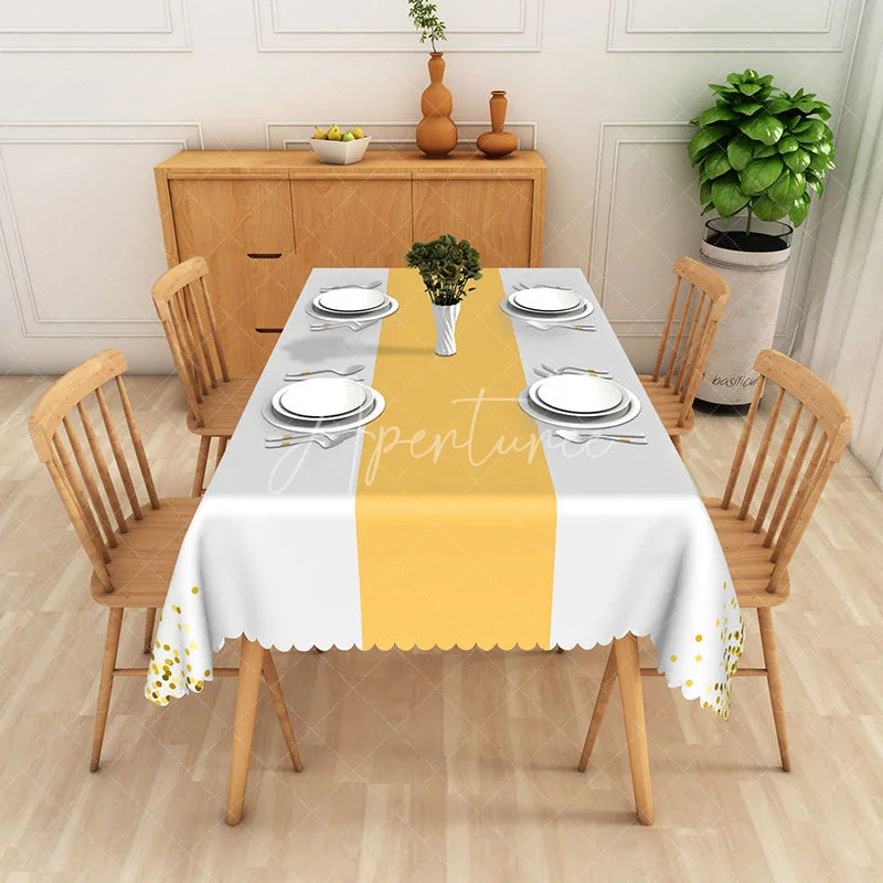 Aperturee - Aperturee Cheerful Polka Dot Tablecloth with Yellow and Gold Dots on White for Birthday Party or Summer Decor